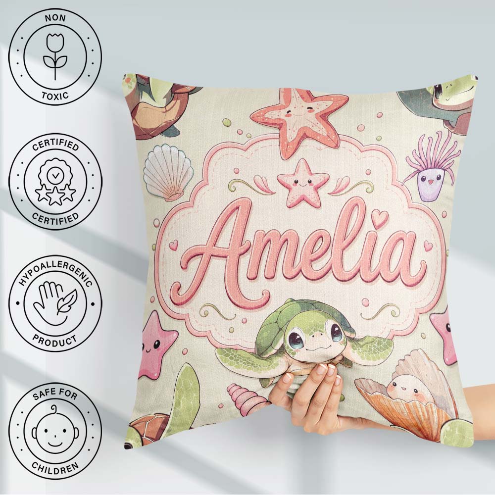 Custom Name Cute Kawaii Sea Turtle Starfish Shells Ocean Friends Square Filled Cushion Throw Pillow Sofa Bed Home Decor Zip Washable UK Made