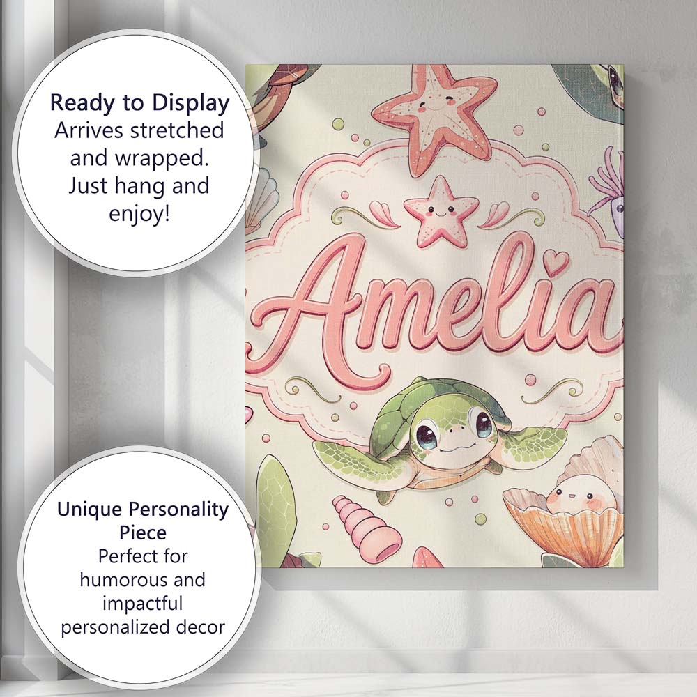 Personalised Name Cute Kawaii Sea Turtle Custom  Unique Gift Idea Elegant Feature Canvas Wall Art Print Decor Picture Ready to Hang
