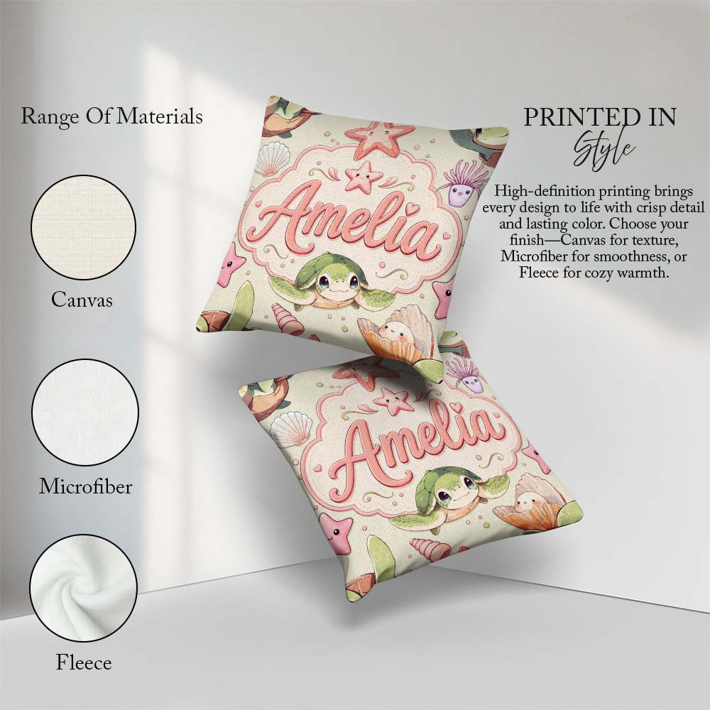 Custom Name Cute Kawaii Sea Turtle Starfish Shells Ocean Friends Square Filled Cushion Throw Pillow Sofa Bed Home Decor Zip Washable UK Made