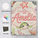 Personalised Name Cute Kawaii Sea Turtle Custom  Unique Gift Idea Elegant Feature Canvas Wall Art Print Decor Picture Ready to Hang