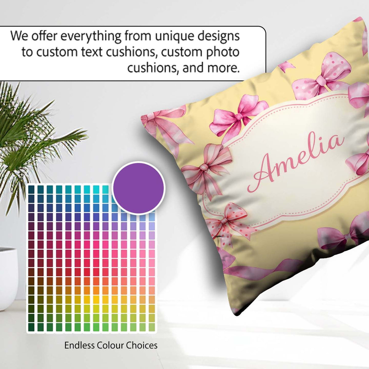 Custom Name Watercolor Pink Ribbon Bow Seamless Pattern on Warm Square Filled Cushion Throw Pillow Sofa Bed Home Decor Zip Washable UK Made