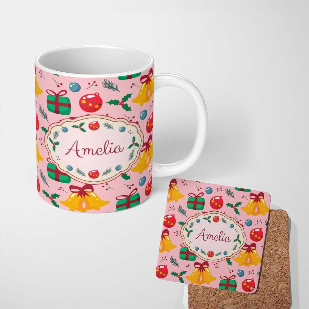 Personalized Custom Name Cute Christmas Bells Gift Box Holly Berry Seamless Pattern Lovely 11oz Ceramic Coffee Tea Mug White Large Handle