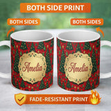 Personalized Custom Name Festive Christmas Trees with Gifts Stars and Ornaments on Red Lovely 11oz Ceramic Coffee Tea Mug White Large Handle