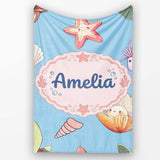 Cute Kawaii Sea Turtle Starfish Shells Ocean Friends Blue Background  Personalised Custom Name Super Soft Fleece Blanket Bed Sofa Throw
