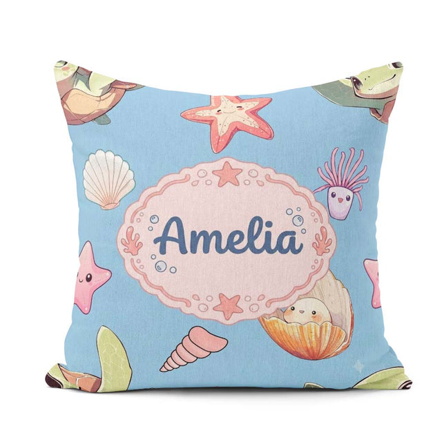 Custom Name Kawaii Sea Turtle Starfish Shells Ocean Friends Blue Square Filled Cushion Throw Pillow Sofa Bed Home Decor Zip Washable UK Made