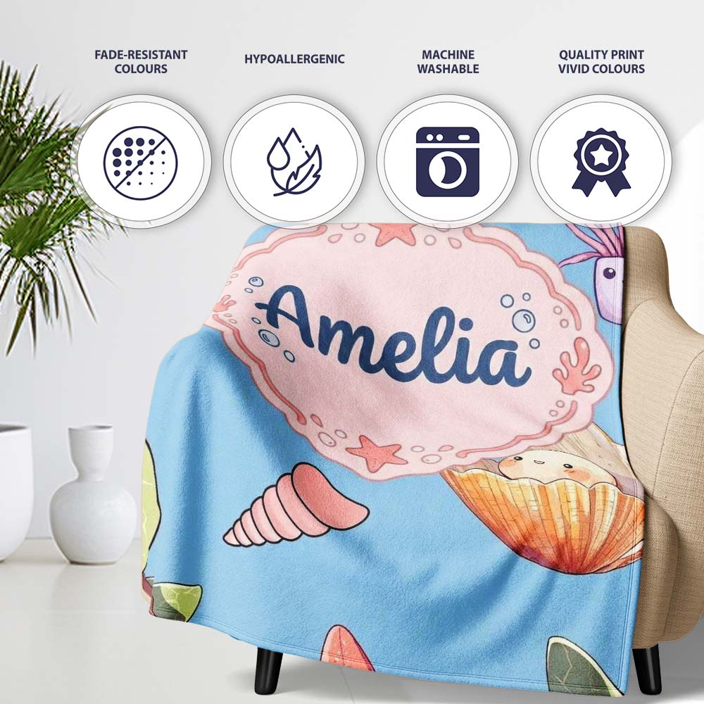 Cute Kawaii Sea Turtle Starfish Shells Ocean Friends Blue Background  Personalised Custom Name Super Soft Fleece Blanket Bed Sofa Throw