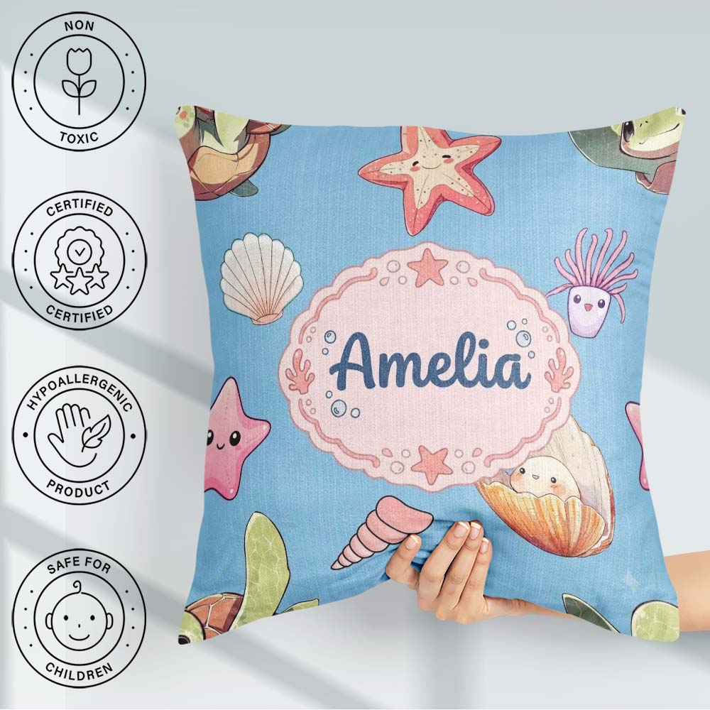 Custom Name Kawaii Sea Turtle Starfish Shells Ocean Friends Blue Square Filled Cushion Throw Pillow Sofa Bed Home Decor Zip Washable UK Made