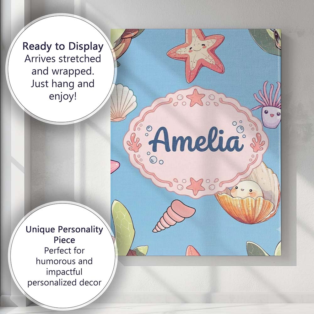 Personalised Name Cute Kawaii Sea Turtle Custom  Unique Gift Idea Elegant Feature Canvas Wall Art Print Decor Picture Ready to Hang