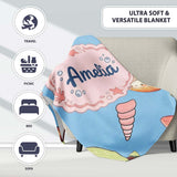 Cute Kawaii Sea Turtle Starfish Shells Ocean Friends Blue Background  Personalised Custom Name Super Soft Fleece Blanket Bed Sofa Throw
