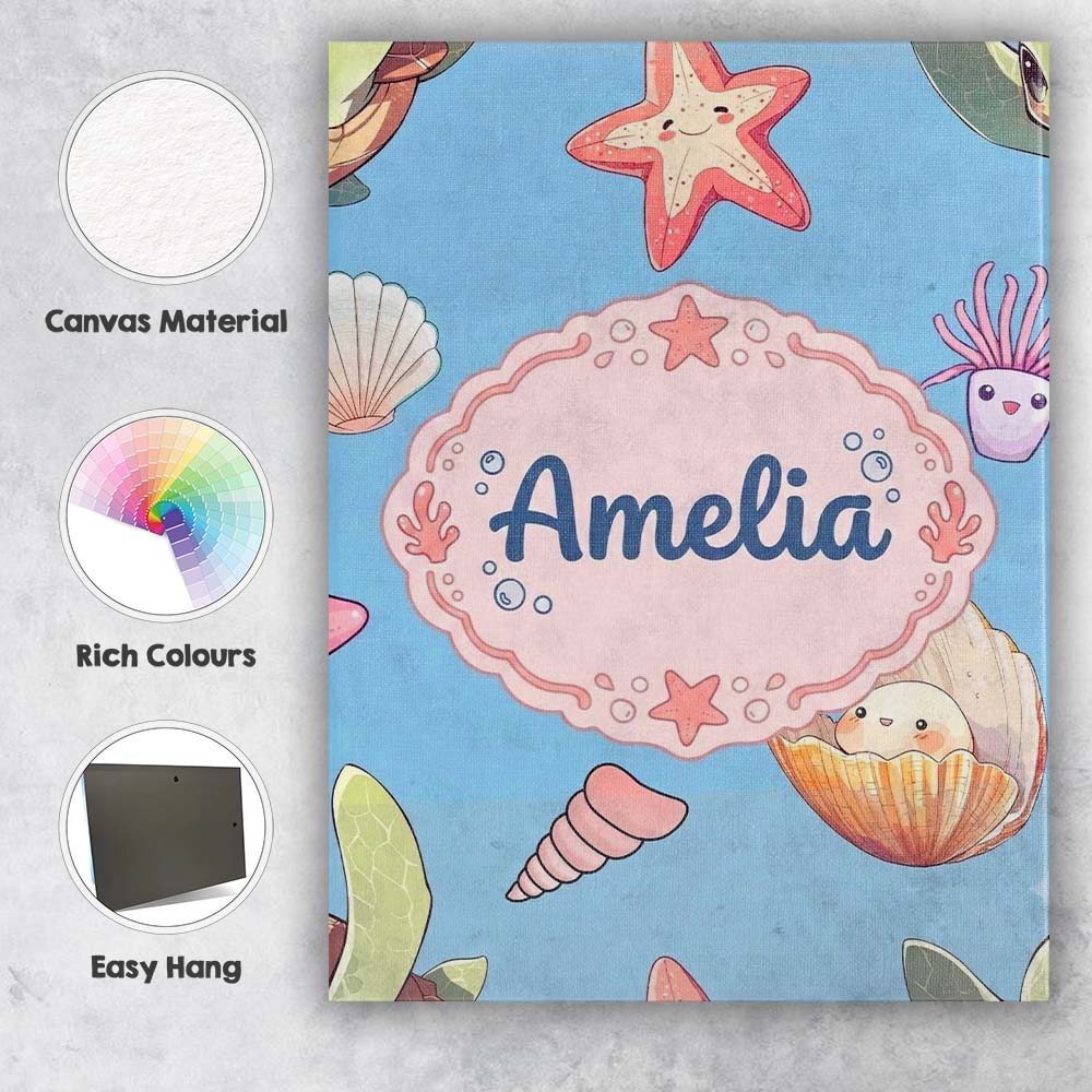 Personalised Name Cute Kawaii Sea Turtle Custom  Unique Gift Idea Elegant Feature Canvas Wall Art Print Decor Picture Ready to Hang