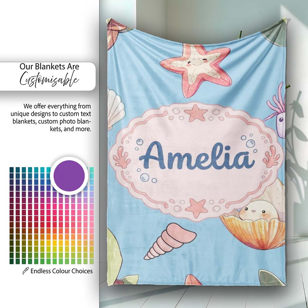 Cute Kawaii Sea Turtle Starfish Shells Ocean Friends Blue Background  Personalised Custom Name Super Soft Fleece Blanket Bed Sofa Throw