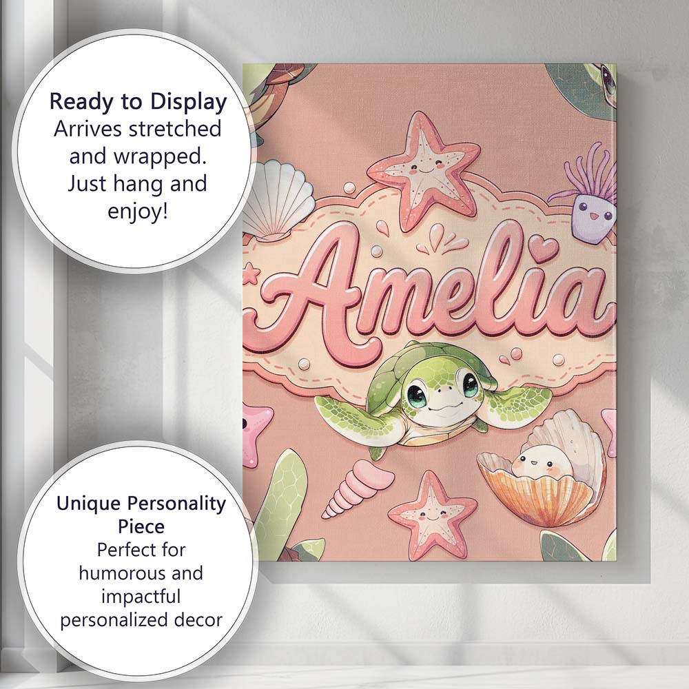 Personalised Name Cute Kawaii Sea Turtle Custom  Unique Gift Idea Elegant Feature Canvas Wall Art Print Decor Picture Ready to Hang