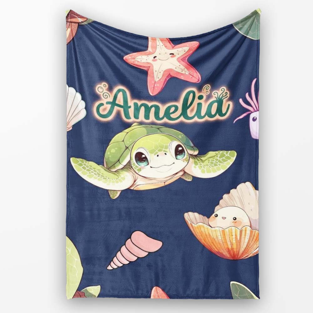 Cute Kawaii Sea Turtle Starfish Shells Ocean Friends Navy Background  Personalised Custom Name Super Soft Fleece Blanket Bed Sofa Throw