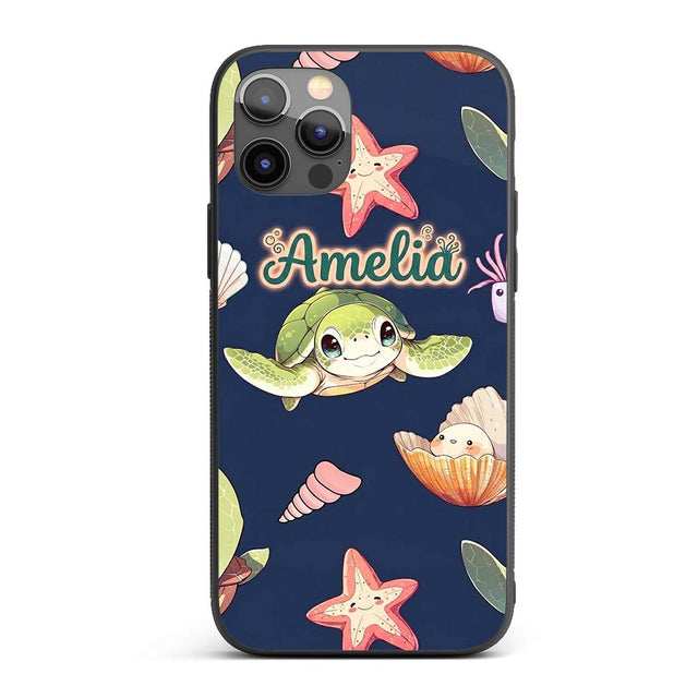 Cute Kawaii Sea Turtle Starfish Shells Ocean Custom Name Protective Phone Case Mobile Cover Durable Everyday Smartphone Shock Resistant