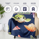 Cute Kawaii Sea Turtle Starfish Shells Ocean Friends Navy Background  Personalised Custom Name Super Soft Fleece Blanket Bed Sofa Throw