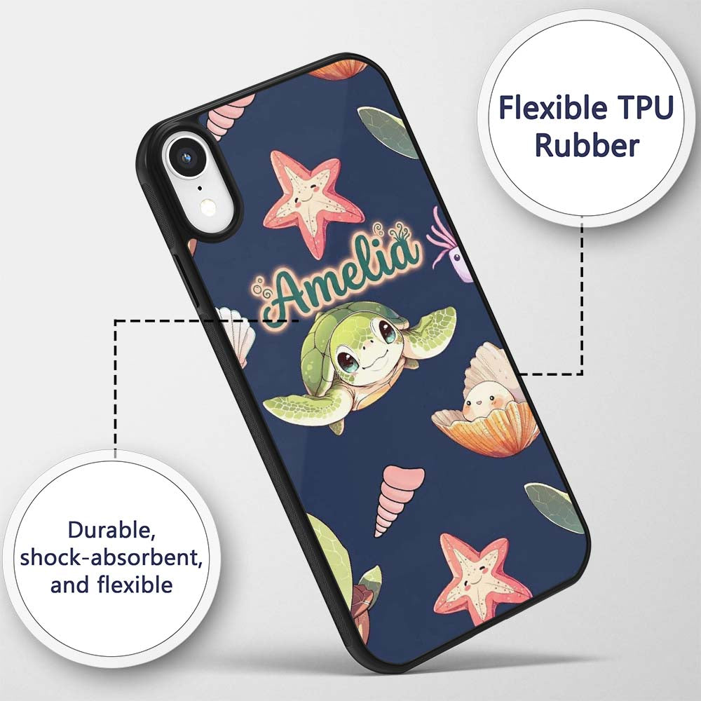 Cute Kawaii Sea Turtle Starfish Shells Ocean Custom Name Protective Phone Case Mobile Cover Durable Everyday Smartphone Shock Resistant