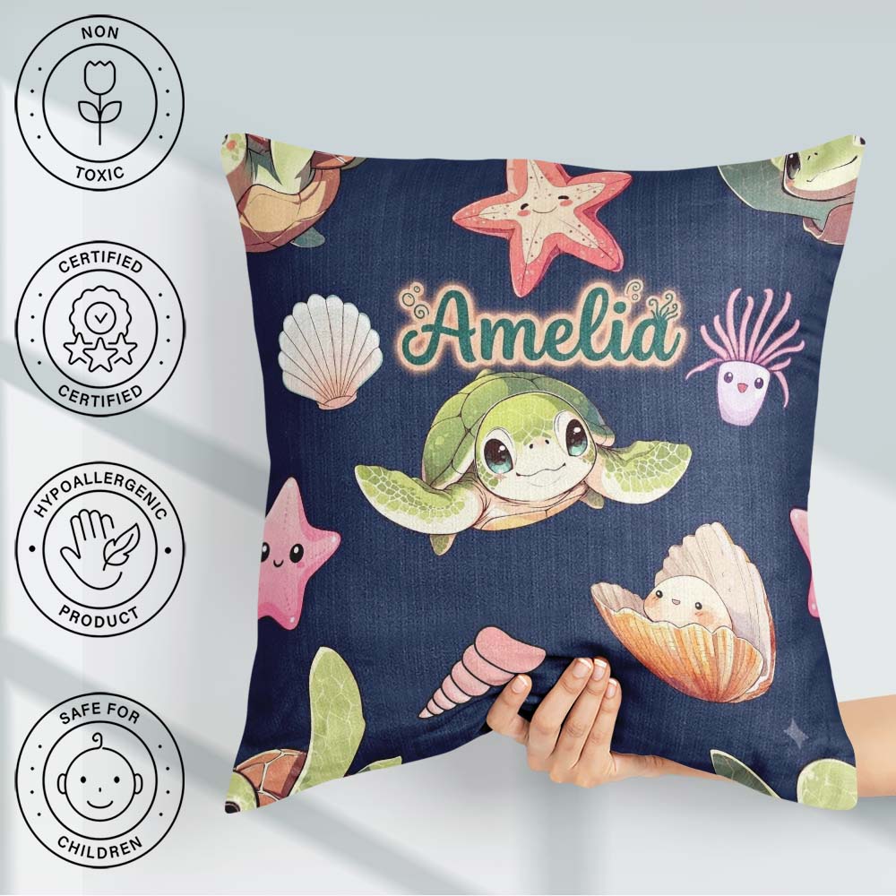 Custom Name Kawaii Sea Turtle Starfish Shells Ocean Friends Navy Square Filled Cushion Throw Pillow Sofa Bed Home Decor Zip Washable UK Made