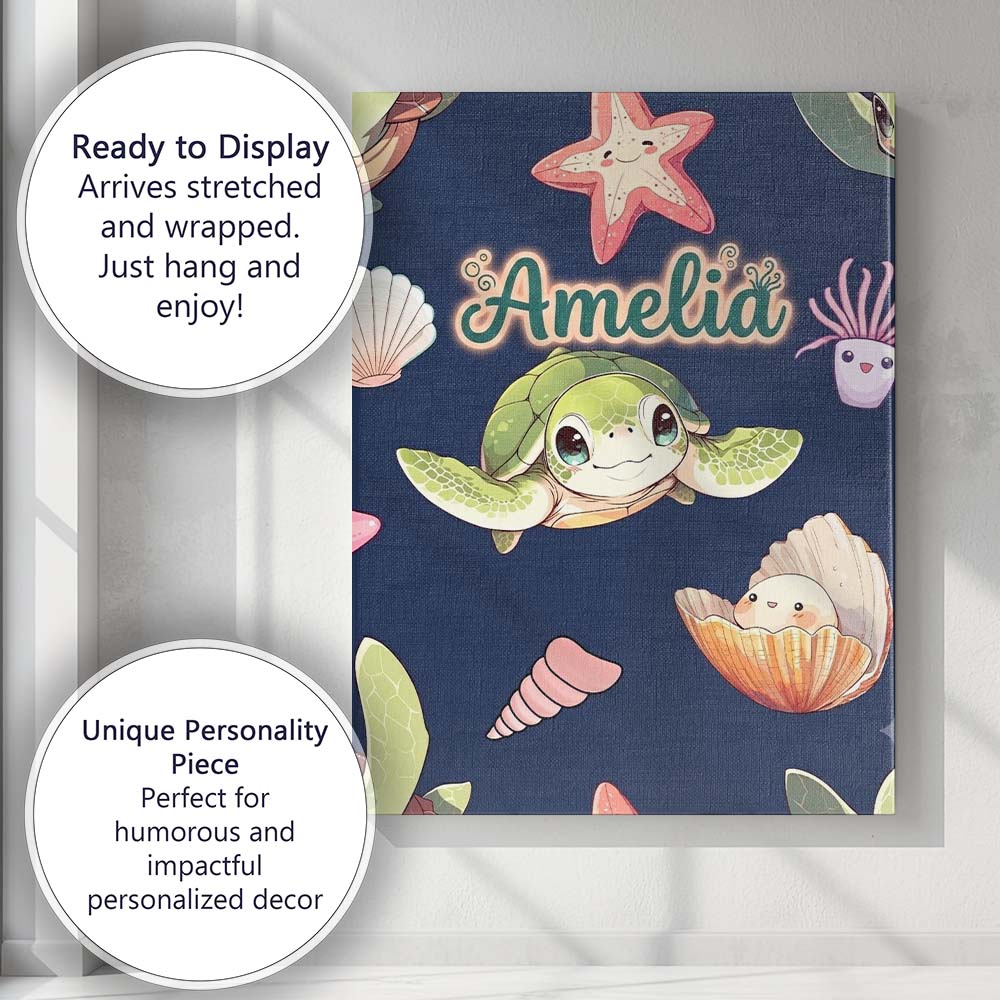 Personalised Name Cute Kawaii Sea Turtle Custom  Unique Gift Idea Elegant Feature Canvas Wall Art Print Decor Picture Ready to Hang