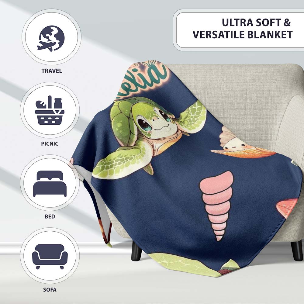 Cute Kawaii Sea Turtle Starfish Shells Ocean Friends Navy Background  Personalised Custom Name Super Soft Fleece Blanket Bed Sofa Throw