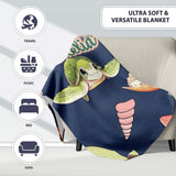 Cute Kawaii Sea Turtle Starfish Shells Ocean Friends Navy Background  Personalised Custom Name Super Soft Fleece Blanket Bed Sofa Throw