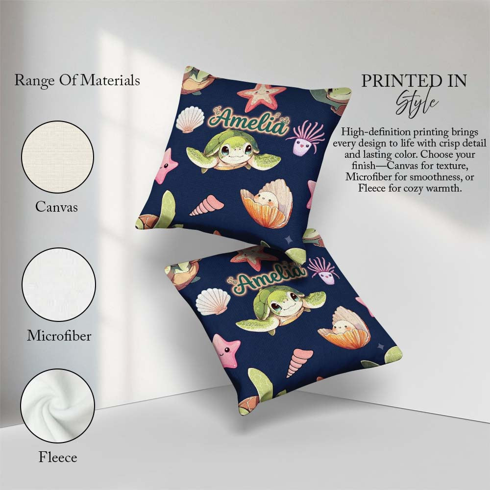 Custom Name Kawaii Sea Turtle Starfish Shells Ocean Friends Navy Square Filled Cushion Throw Pillow Sofa Bed Home Decor Zip Washable UK Made