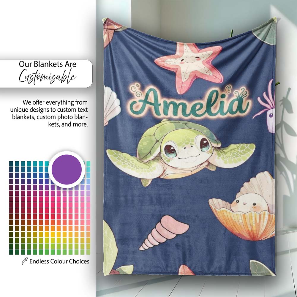 Cute Kawaii Sea Turtle Starfish Shells Ocean Friends Navy Background  Personalised Custom Name Super Soft Fleece Blanket Bed Sofa Throw