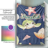 Cute Kawaii Sea Turtle Starfish Shells Ocean Friends Navy Background  Personalised Custom Name Super Soft Fleece Blanket Bed Sofa Throw