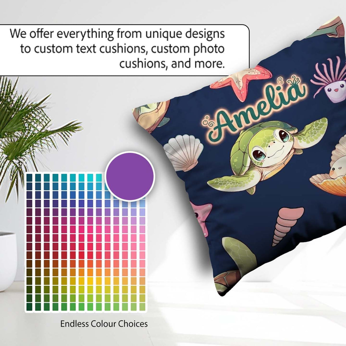 Custom Name Kawaii Sea Turtle Starfish Shells Ocean Friends Navy Square Filled Cushion Throw Pillow Sofa Bed Home Decor Zip Washable UK Made