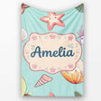 Cute Kawaii Sea Turtle Starfish Shells Ocean Friends Mint Background  Personalised Custom Name Super Soft Fleece Blanket Bed Sofa Throw