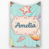 Cute Kawaii Sea Turtle Starfish Shells Ocean Friends Mint Background  Personalised Custom Name Super Soft Fleece Blanket Bed Sofa Throw