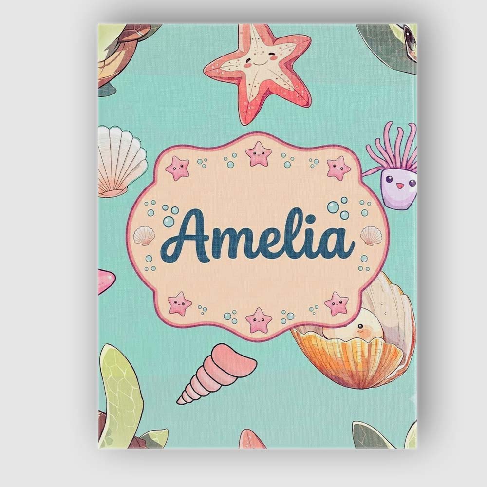 Personalised Name Cute Kawaii Sea Turtle Custom  Unique Gift Idea Elegant Feature Canvas Wall Art Print Decor Picture Ready to Hang