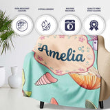 Cute Kawaii Sea Turtle Starfish Shells Ocean Friends Mint Background  Personalised Custom Name Super Soft Fleece Blanket Bed Sofa Throw