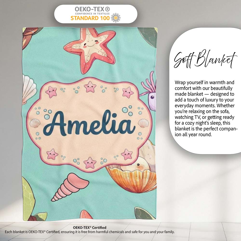 Cute Kawaii Sea Turtle Starfish Shells Ocean Friends Mint Background  Personalised Custom Name Super Soft Fleece Blanket Bed Sofa Throw