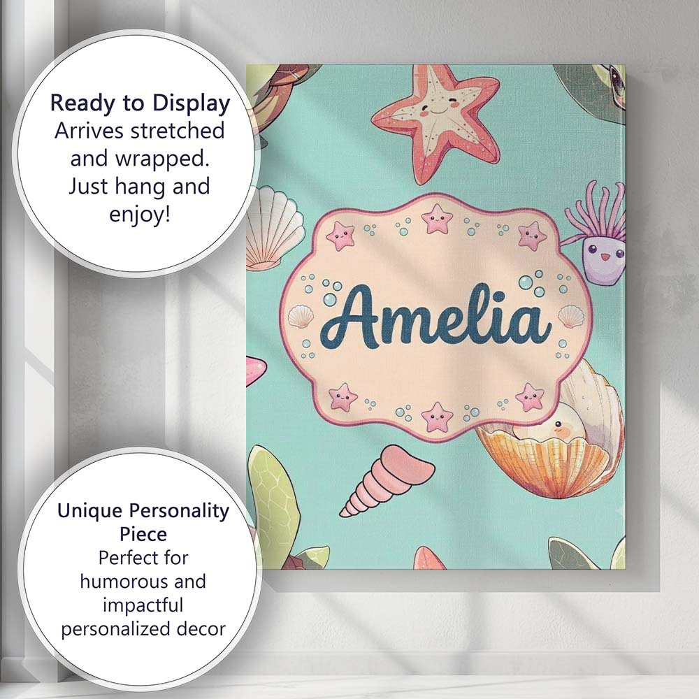 Personalised Name Cute Kawaii Sea Turtle Custom  Unique Gift Idea Elegant Feature Canvas Wall Art Print Decor Picture Ready to Hang