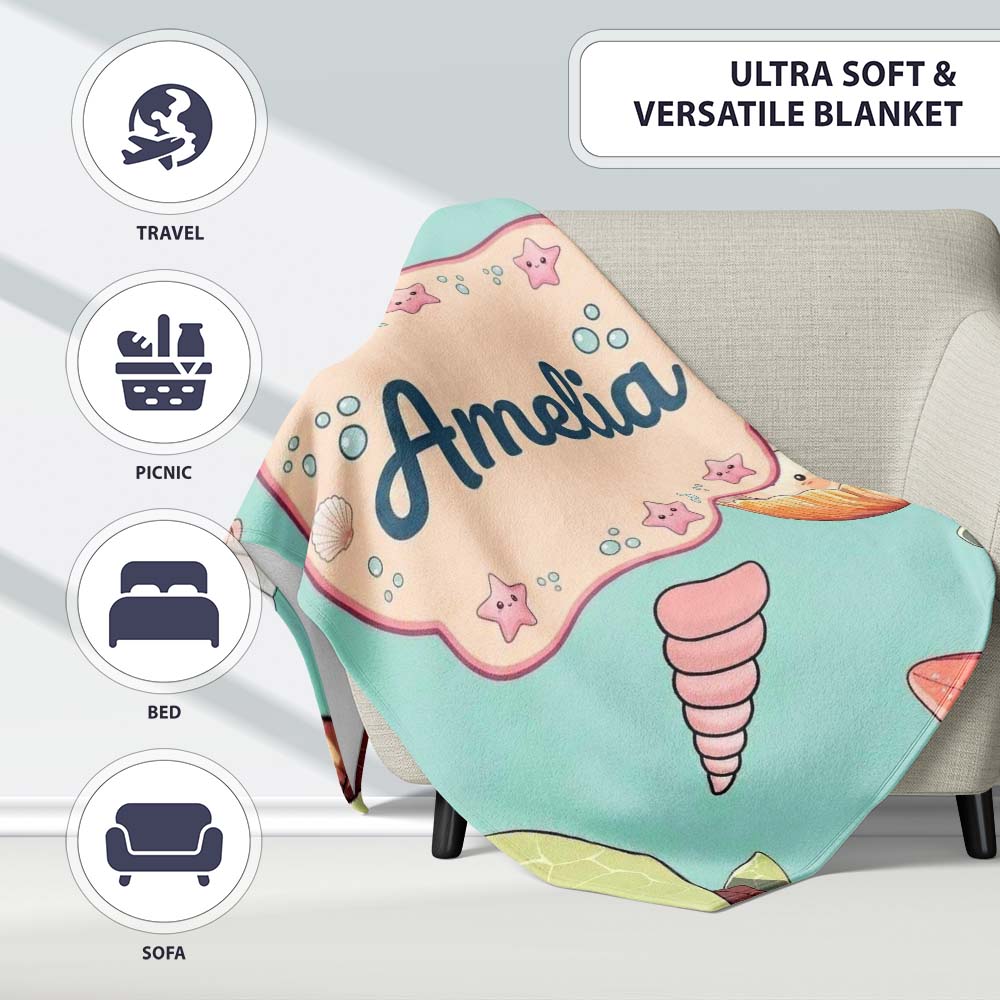 Cute Kawaii Sea Turtle Starfish Shells Ocean Friends Mint Background  Personalised Custom Name Super Soft Fleece Blanket Bed Sofa Throw