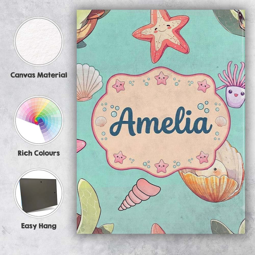 Personalised Name Cute Kawaii Sea Turtle Custom  Unique Gift Idea Elegant Feature Canvas Wall Art Print Decor Picture Ready to Hang