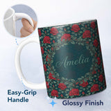 Personalized Custom Name Elegant Red Rose Seamless Floral Pattern on Dark Teal Background 11oz Ceramic Coffee Tea Mug White Large Handle