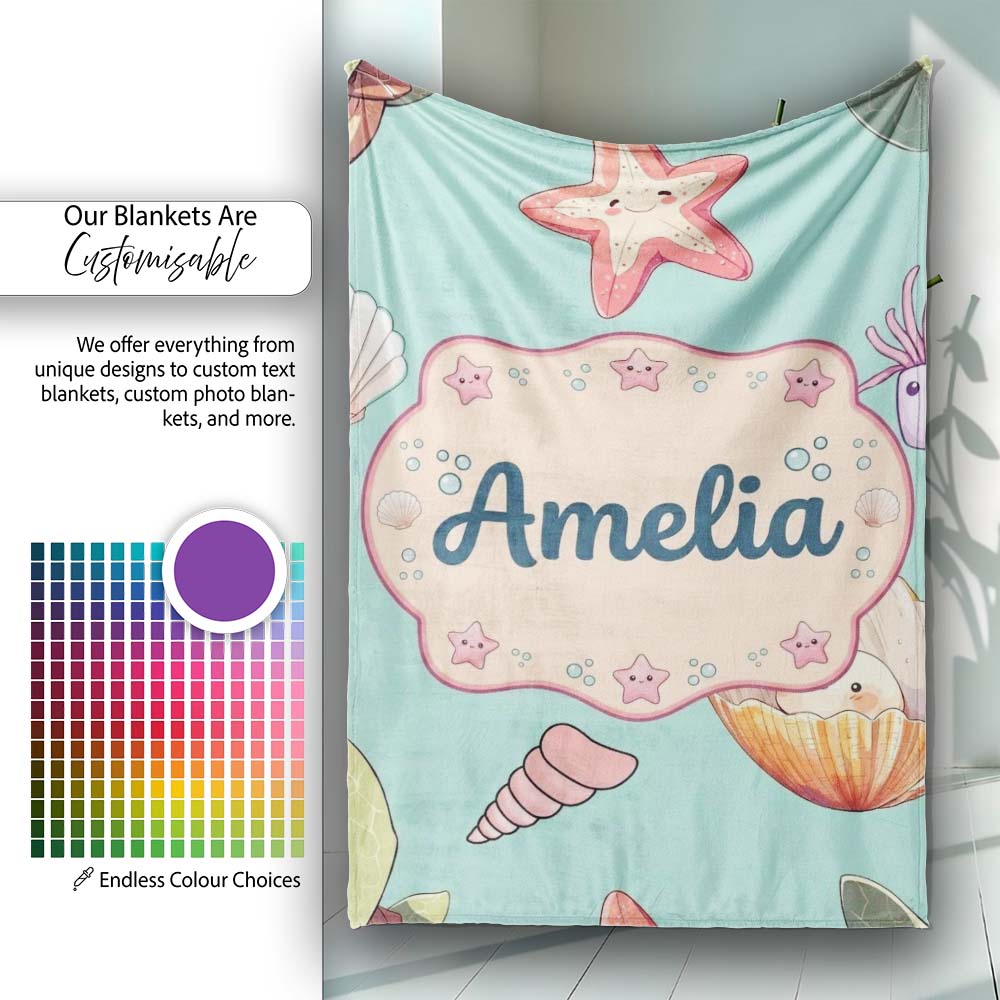 Cute Kawaii Sea Turtle Starfish Shells Ocean Friends Mint Background  Personalised Custom Name Super Soft Fleece Blanket Bed Sofa Throw