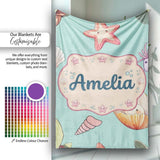 Cute Kawaii Sea Turtle Starfish Shells Ocean Friends Mint Background  Personalised Custom Name Super Soft Fleece Blanket Bed Sofa Throw