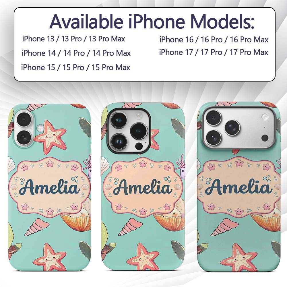 Cute Kawaii Sea Turtle Starfish Shells Ocean Custom Name Protective Phone Case Mobile Cover Durable Everyday Smartphone Shock Resistant