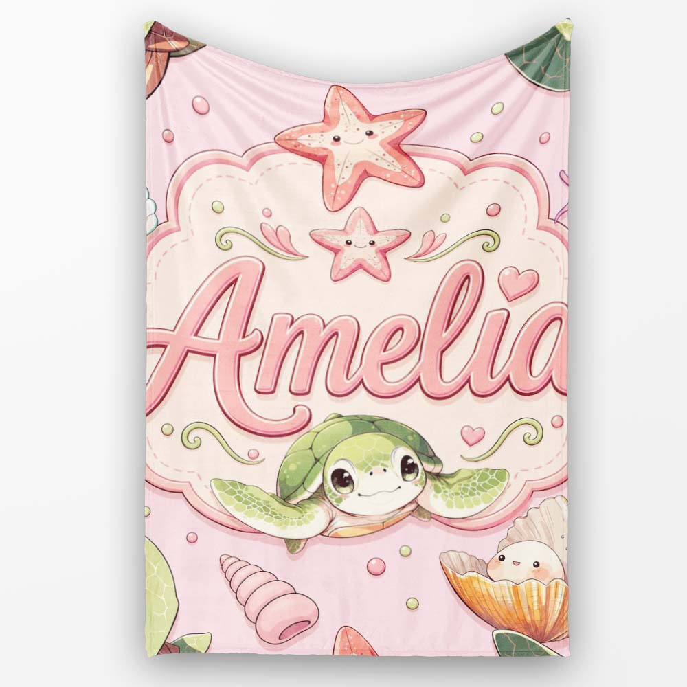 Cute Kawaii Sea Turtle Starfish Shells Ocean Friends Blush Lovely  Personalised Custom Name Super Soft Fleece Blanket Bed Sofa Throw