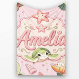Cute Kawaii Sea Turtle Starfish Shells Ocean Friends Blush Lovely  Personalised Custom Name Super Soft Fleece Blanket Bed Sofa Throw