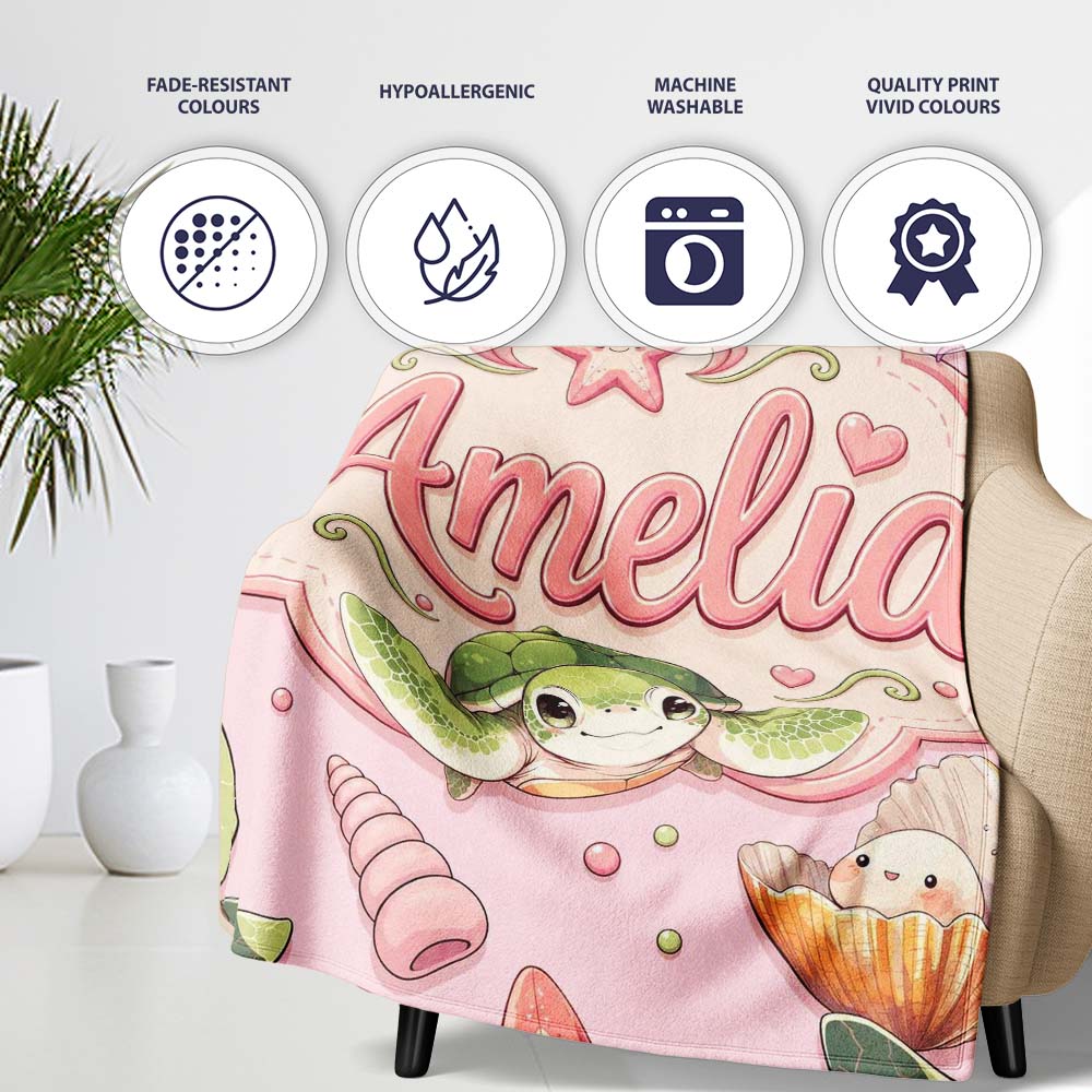 Cute Kawaii Sea Turtle Starfish Shells Ocean Friends Blush Lovely  Personalised Custom Name Super Soft Fleece Blanket Bed Sofa Throw