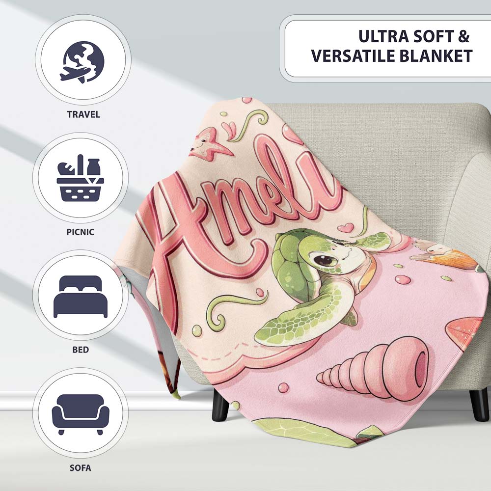 Cute Kawaii Sea Turtle Starfish Shells Ocean Friends Blush Lovely  Personalised Custom Name Super Soft Fleece Blanket Bed Sofa Throw