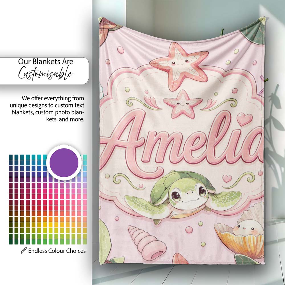 Cute Kawaii Sea Turtle Starfish Shells Ocean Friends Blush Lovely  Personalised Custom Name Super Soft Fleece Blanket Bed Sofa Throw