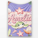 Cute Kawaii Sea Turtle Starfish Shells Ocean Friends Lavender Lovely  Personalised Custom Name Super Soft Fleece Blanket Bed Sofa Throw
