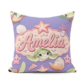 Custom Name Cute Kawaii Sea Turtle Starfish Shells Ocean Friends Square Filled Cushion Throw Pillow Sofa Bed Home Decor Zip Washable UK Made