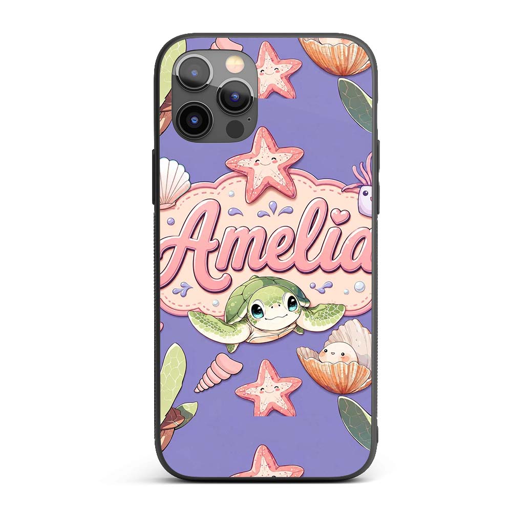 Cute Kawaii Sea Turtle Starfish Shells Ocean Custom Name Protective Phone Case Mobile Cover Durable Everyday Smartphone Shock Resistant