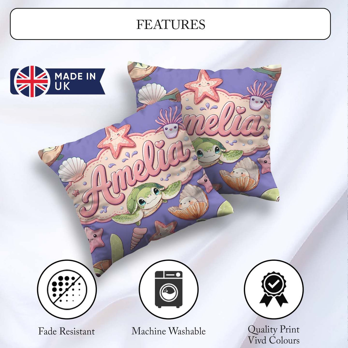 Custom Name Cute Kawaii Sea Turtle Starfish Shells Ocean Friends Square Filled Cushion Throw Pillow Sofa Bed Home Decor Zip Washable UK Made