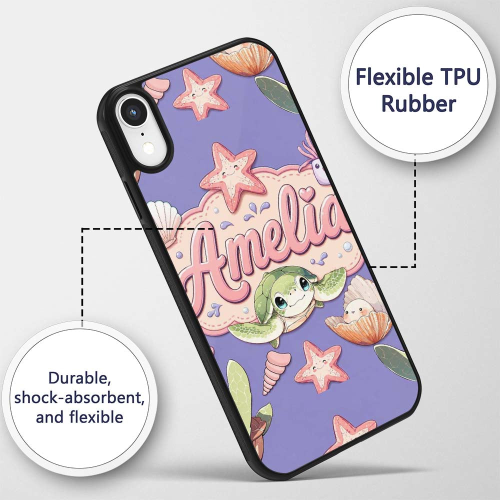 Cute Kawaii Sea Turtle Starfish Shells Ocean Custom Name Protective Phone Case Mobile Cover Durable Everyday Smartphone Shock Resistant
